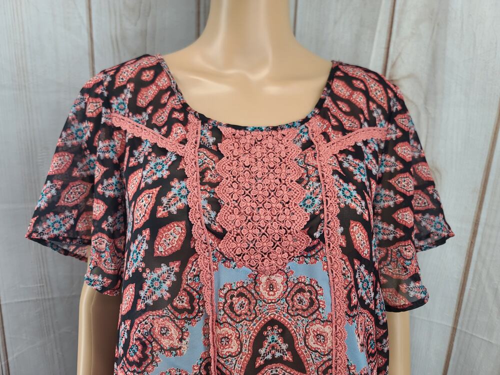 Knox Rose Tunic Peasant Blouse Sz Large Mandala Boho Semi-Sheer Crochet Trim